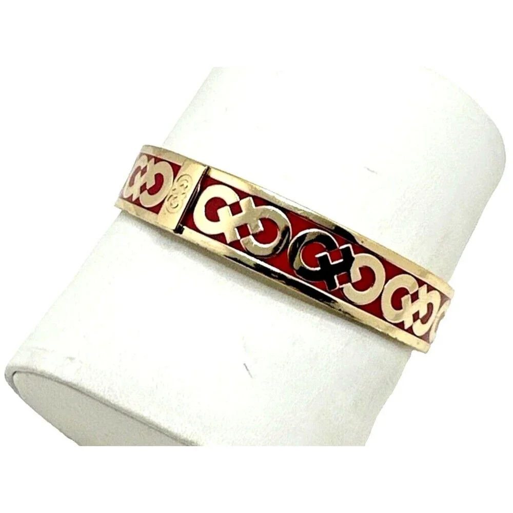 Cole Haan Red Enamel Logo Bangle Bracelet Gold Tone Statement Signed 8.25